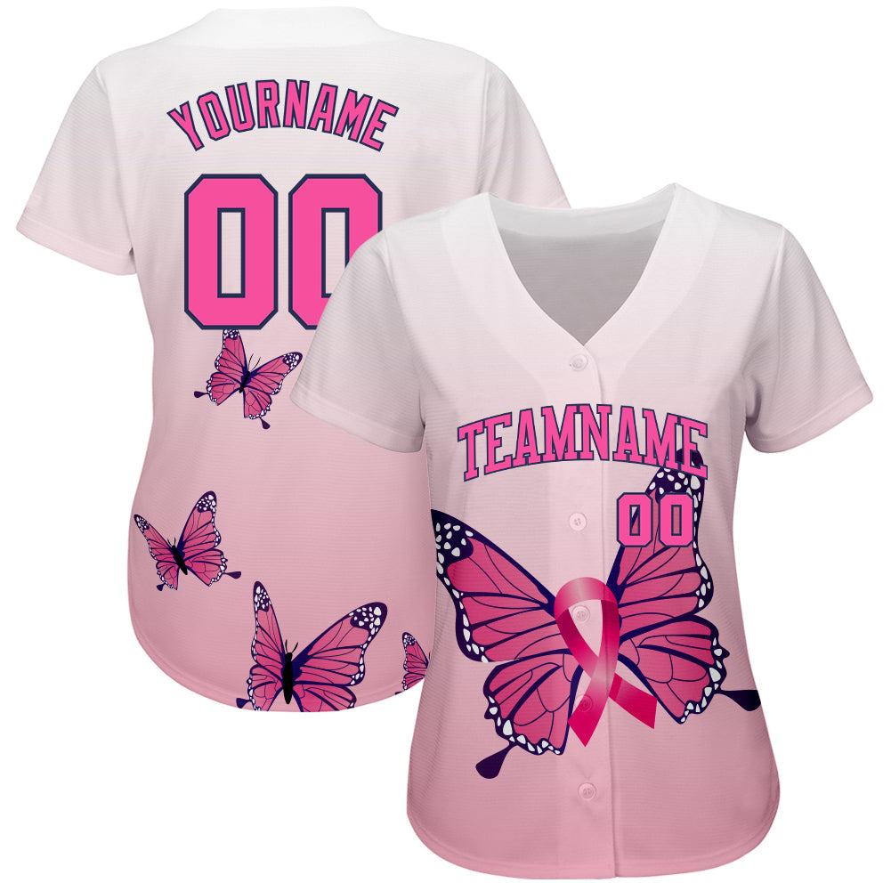 Custom 3D Pink Ribbon Breast Cancer Awareness Month With Butterflies Women Health Care Support Authentic Baseball Jersey baseball jersey product view 2