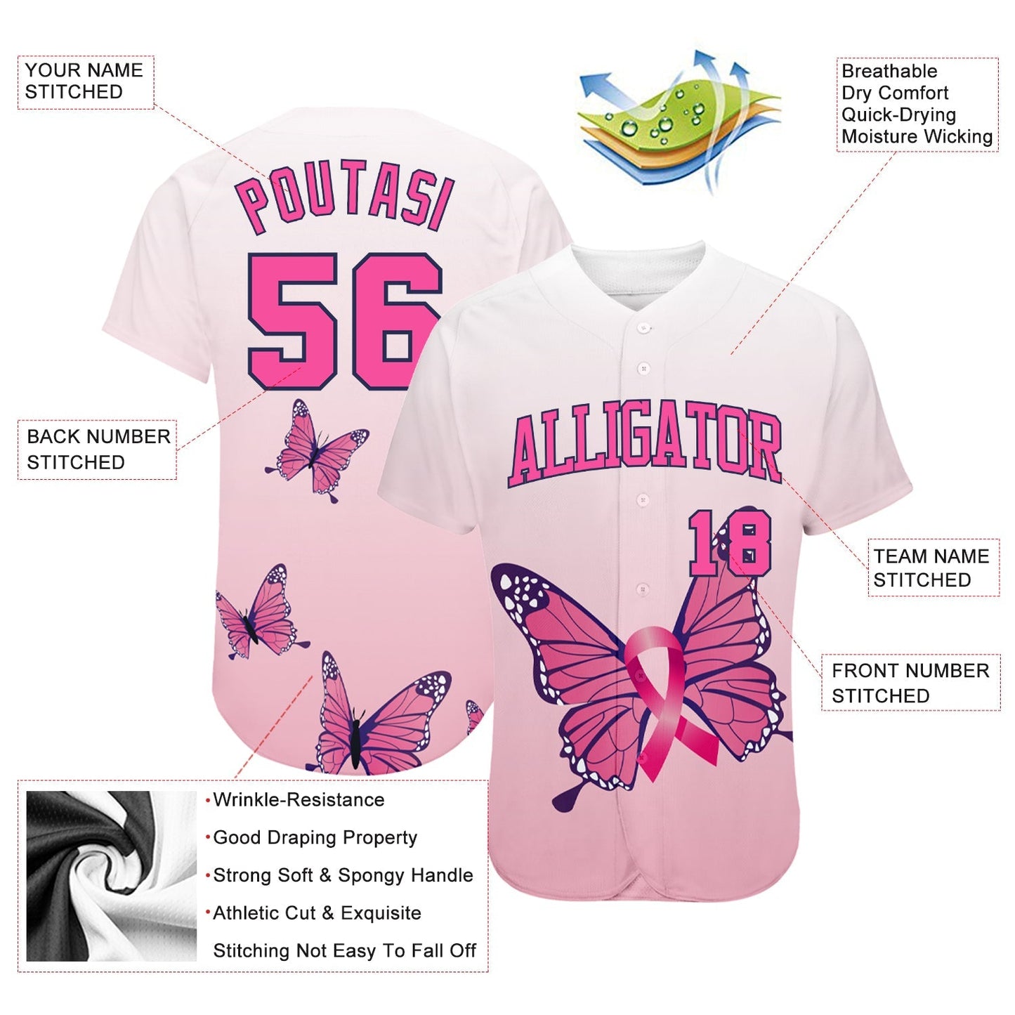 Custom 3D Pink Ribbon Breast Cancer Awareness Month With Butterflies Women Health Care Support Authentic Baseball Jersey baseball jersey product view 3