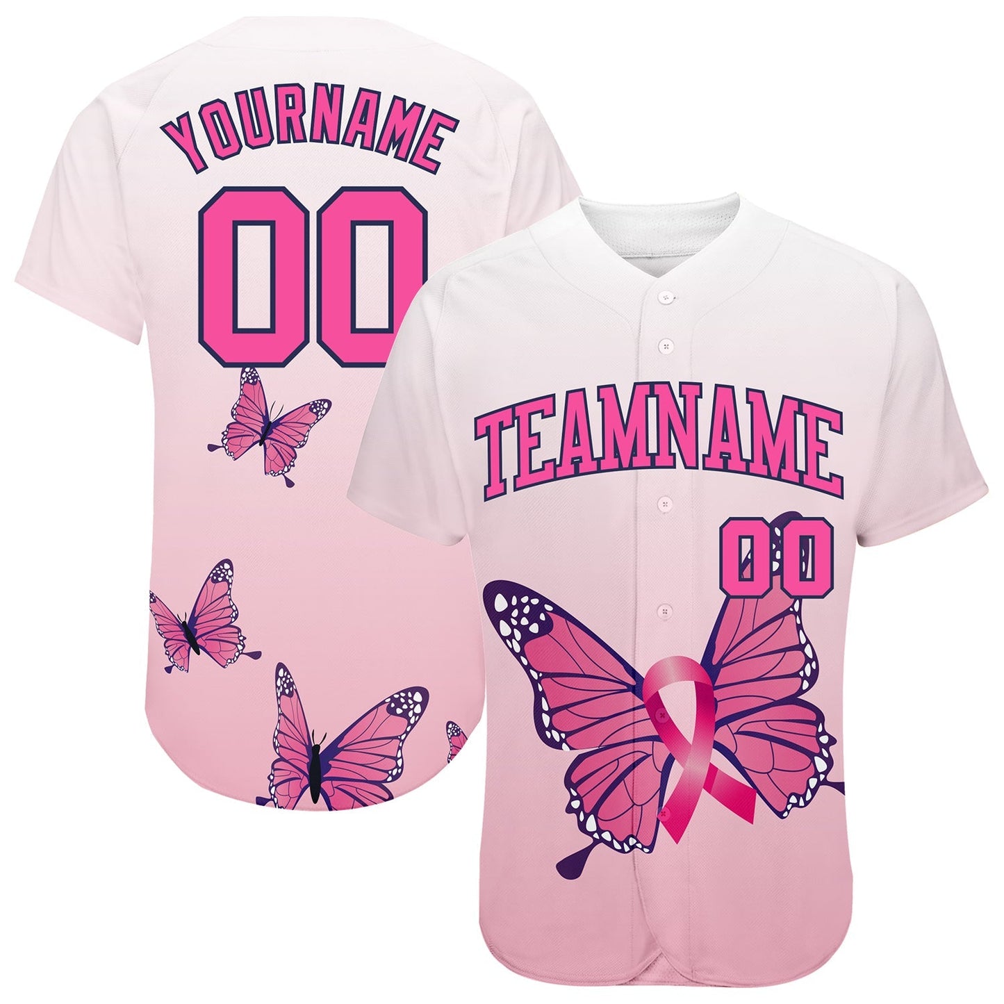 Custom 3D Pink Ribbon Breast Cancer Awareness Month With Butterflies Women Health Care Support Authentic Baseball Jersey baseball jersey product view 1