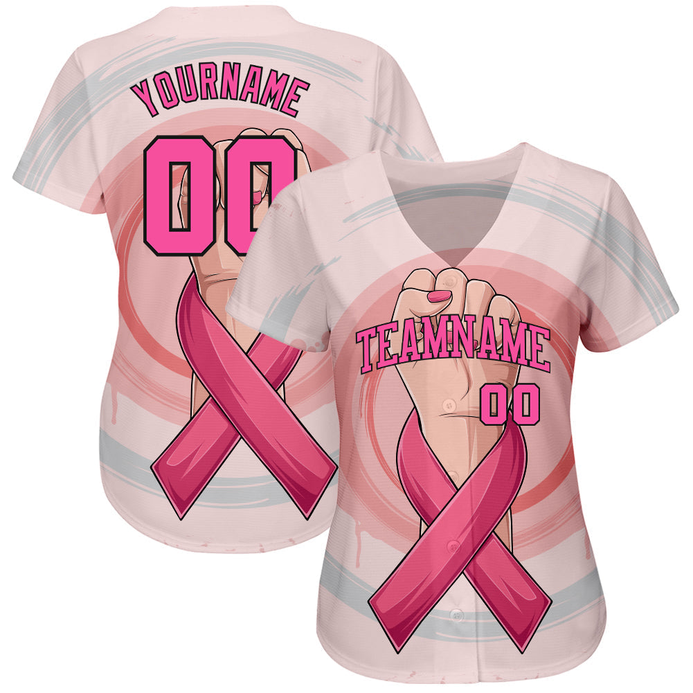 Custom 3D Breast Cancer Awareness Month With Woman Hand And Pink Ribbon Women Health Care Support Authentic Baseball Jersey baseball jersey product view 2