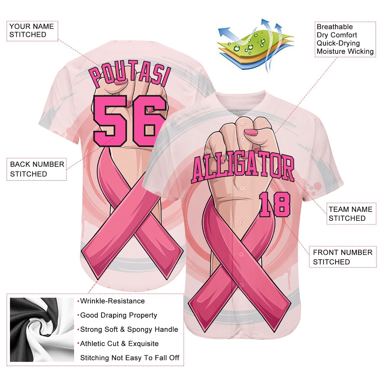 Custom 3D Breast Cancer Awareness Month With Woman Hand And Pink Ribbon Women Health Care Support Authentic Baseball Jersey baseball jersey product view 3