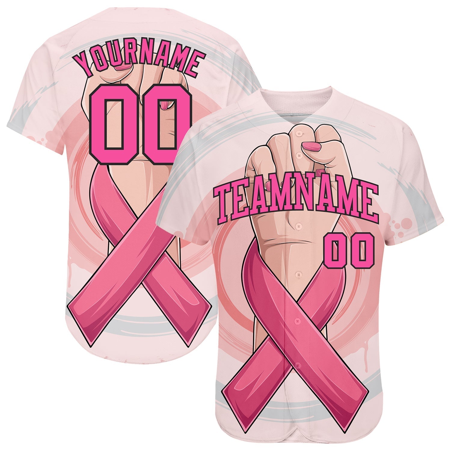Custom 3D Breast Cancer Awareness Month With Woman Hand And Pink Ribbon Women Health Care Support Authentic Baseball Jersey baseball jersey product view 1