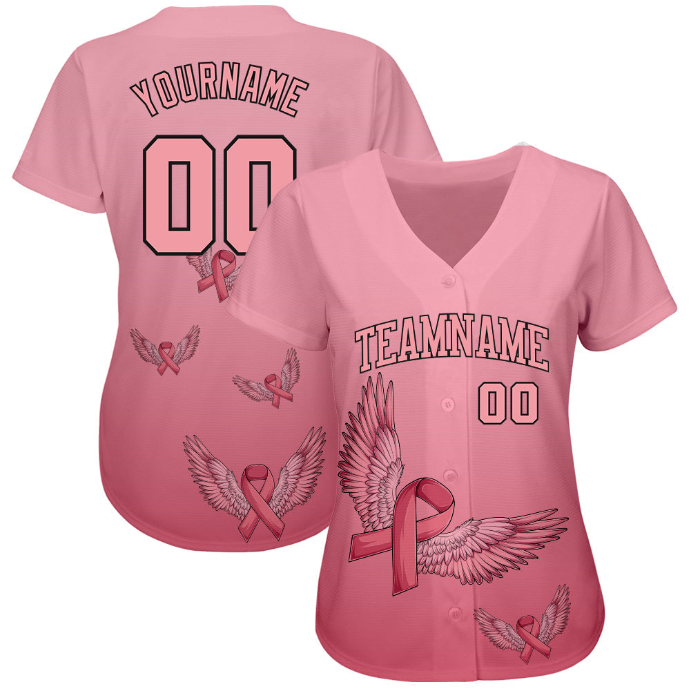 Custom 3D Pink Ribbon With Angel Wings Breast Cancer Awareness Month Women Health Care Support Authentic Baseball Jersey baseball jersey product view 2