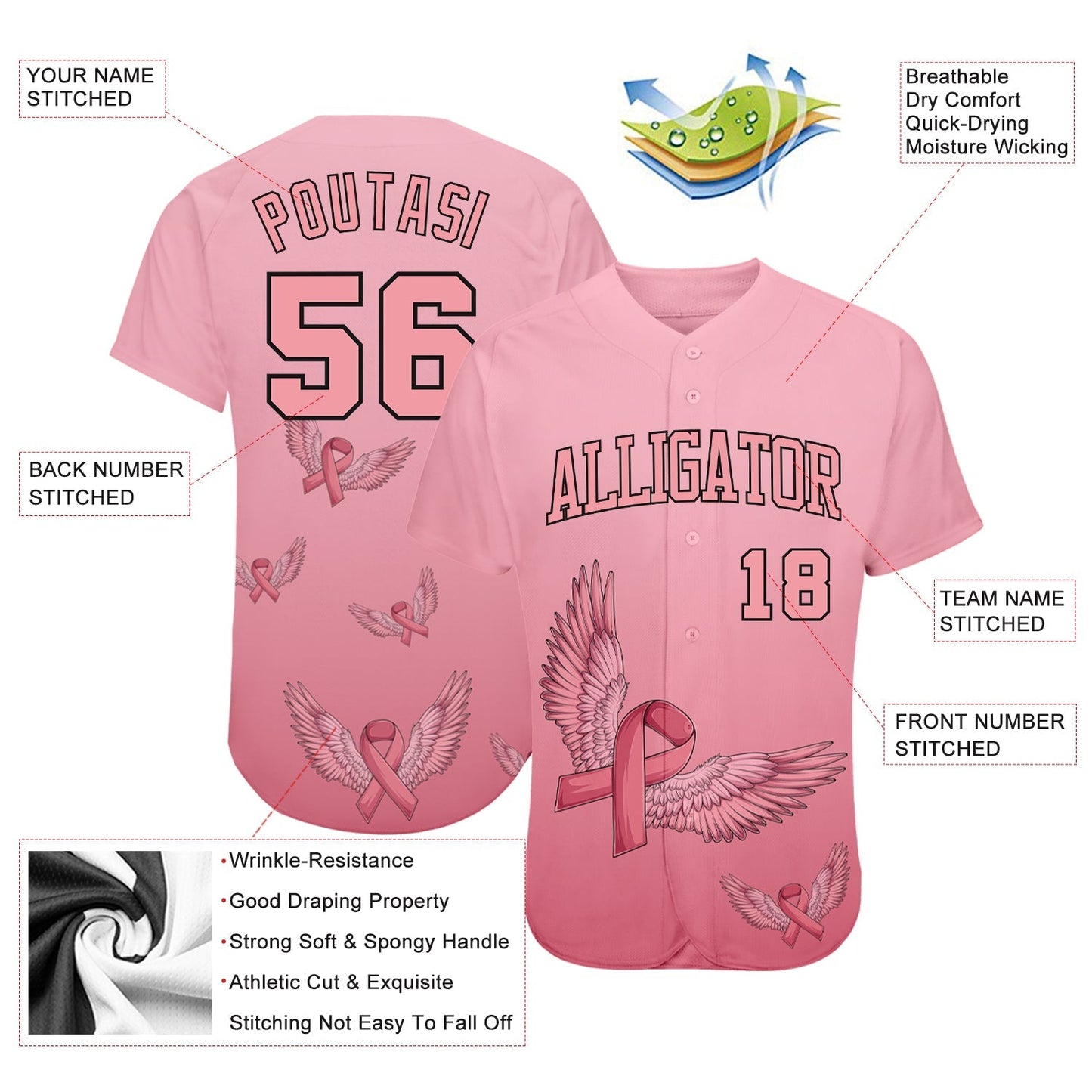 Custom 3D Pink Ribbon With Angel Wings Breast Cancer Awareness Month Women Health Care Support Authentic Baseball Jersey baseball jersey product view 3