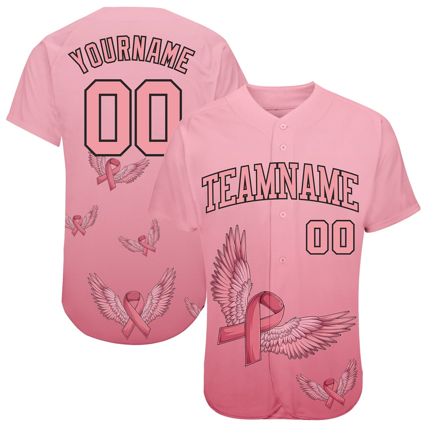 Custom 3D Pink Ribbon With Angel Wings Breast Cancer Awareness Month Women Health Care Support Authentic Baseball Jersey baseball jersey product view 1