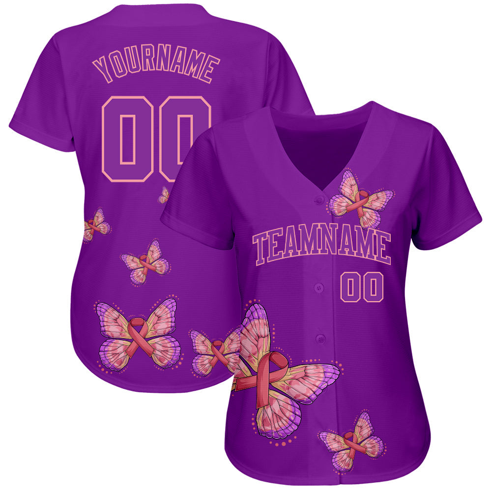 Custom 3D Pink Ribbon With Butterfly Wings Breast Cancer Awareness Month Women Health Care Support Authentic Baseball Jersey baseball jersey product view 2