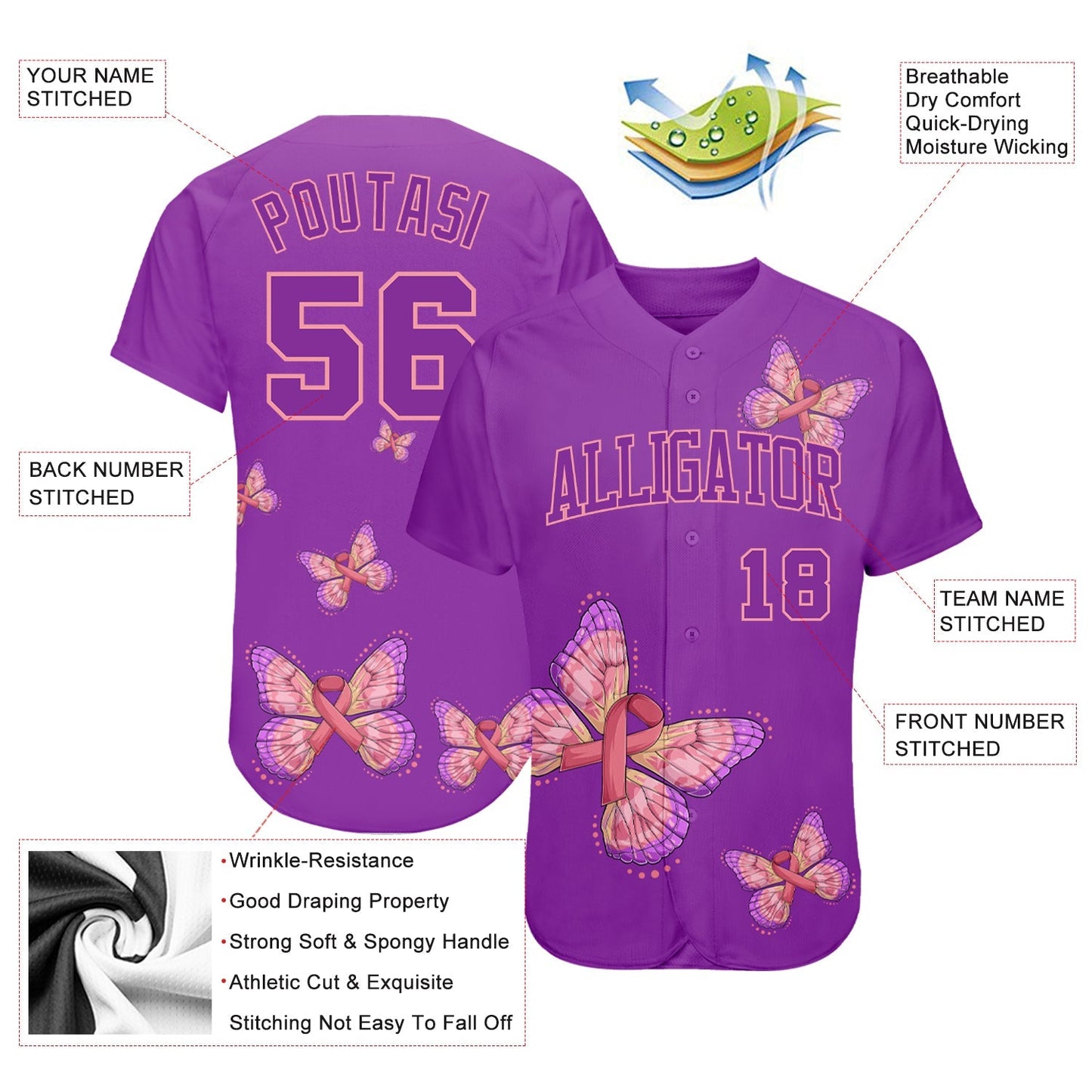 Custom 3D Pink Ribbon With Butterfly Wings Breast Cancer Awareness Month Women Health Care Support Authentic Baseball Jersey baseball jersey product view 3