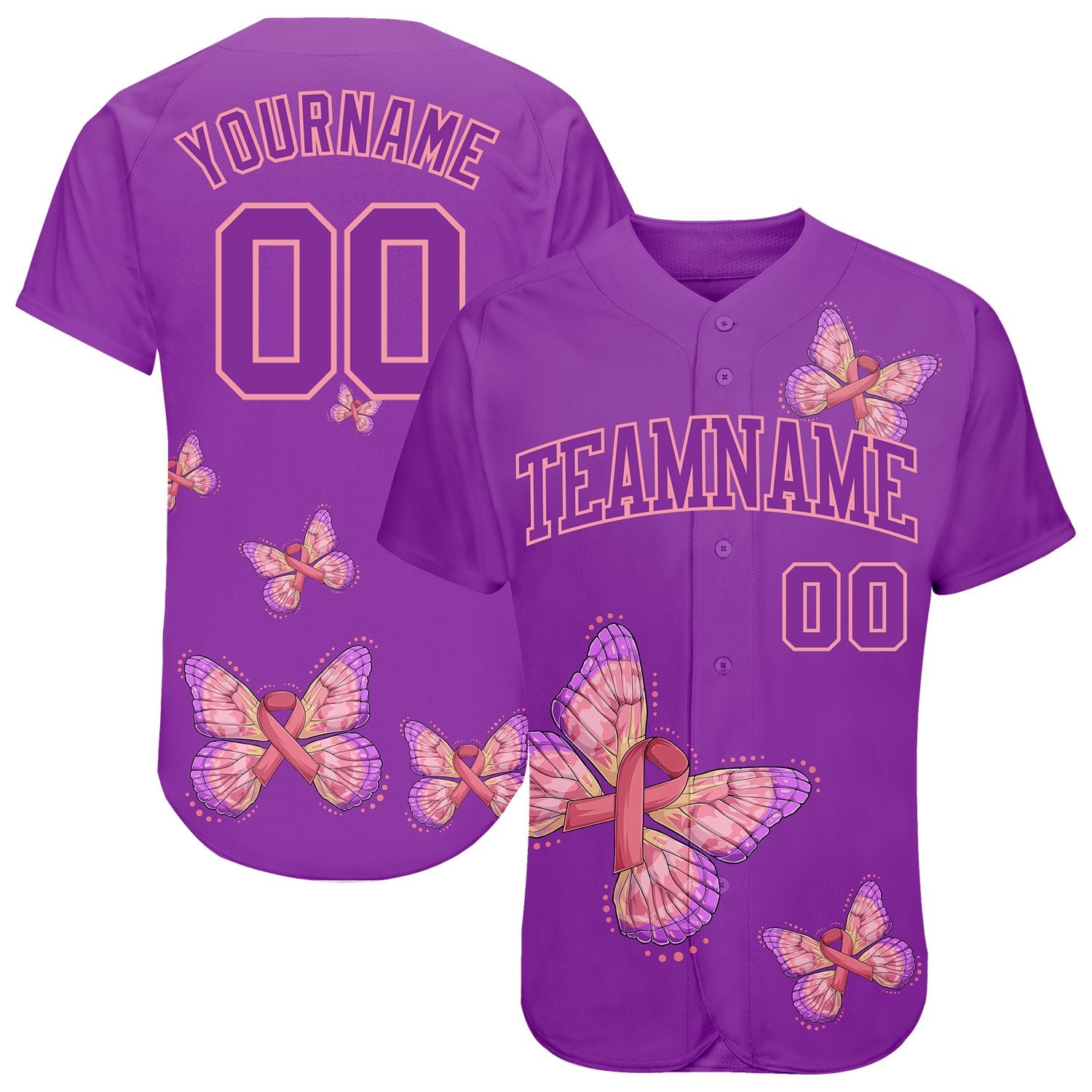 Custom 3D Pink Ribbon With Butterfly Wings Breast Cancer Awareness Month Women Health Care Support Authentic Baseball Jersey baseball jersey product view 1