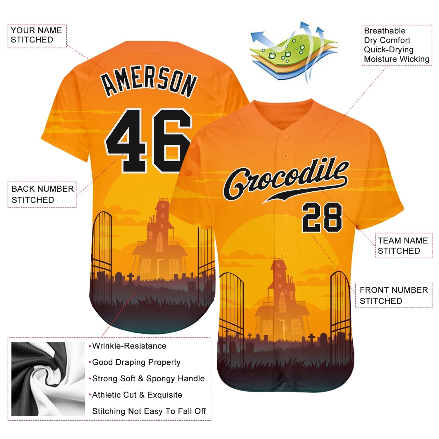 Custom 3D Pattern Halloween Horror Night Authentic Baseball Jersey baseball jersey product view 3
