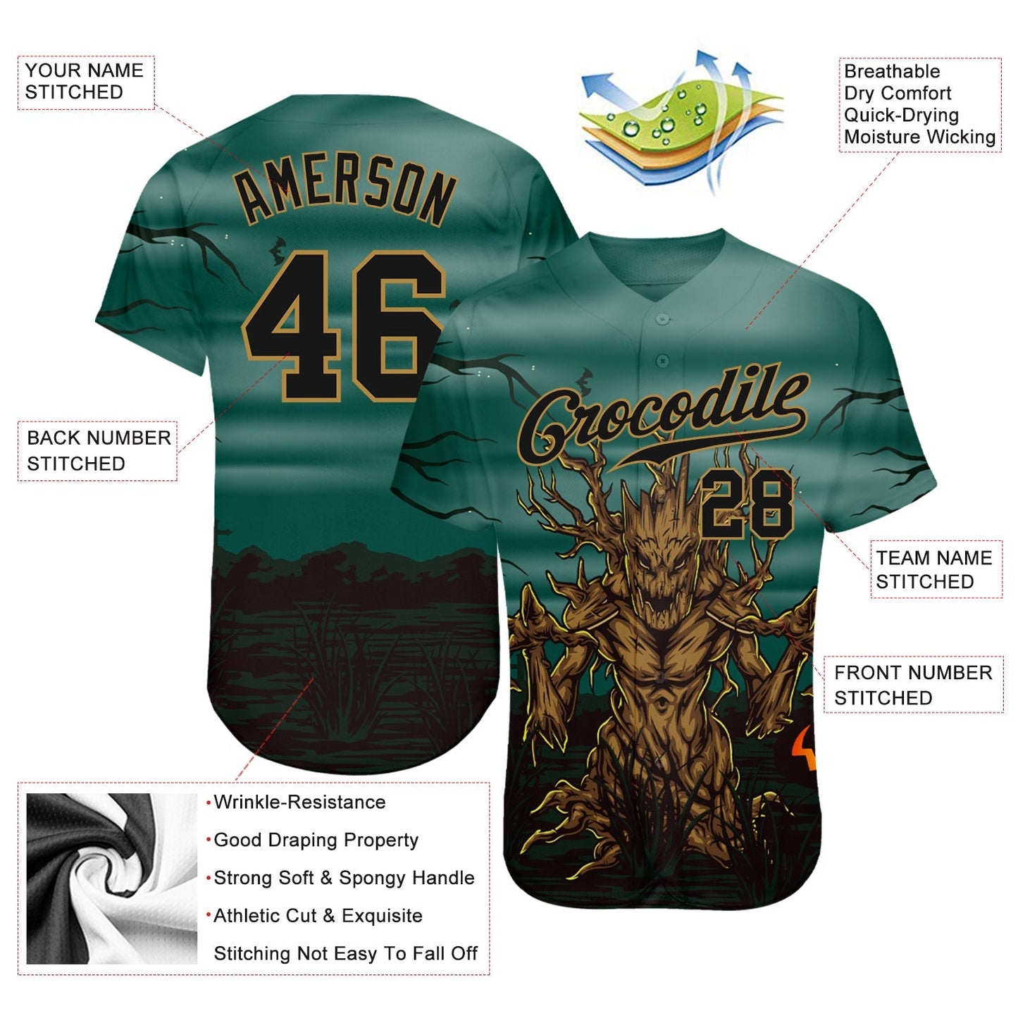 Custom 3D Pattern Halloween Trick Treat Horror Night Authentic Baseball Jersey baseball jersey product view 3