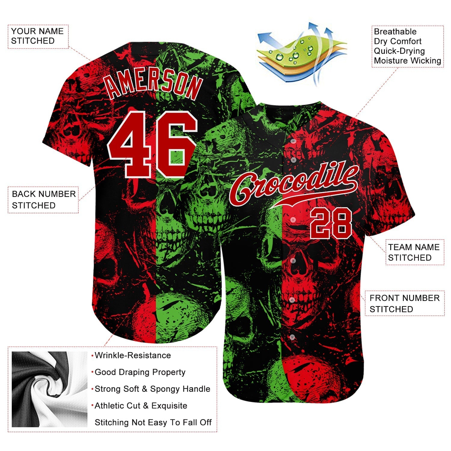 Custom 3D Pattern Halloween Skulls Authentic Baseball Jersey baseball jersey product view 3