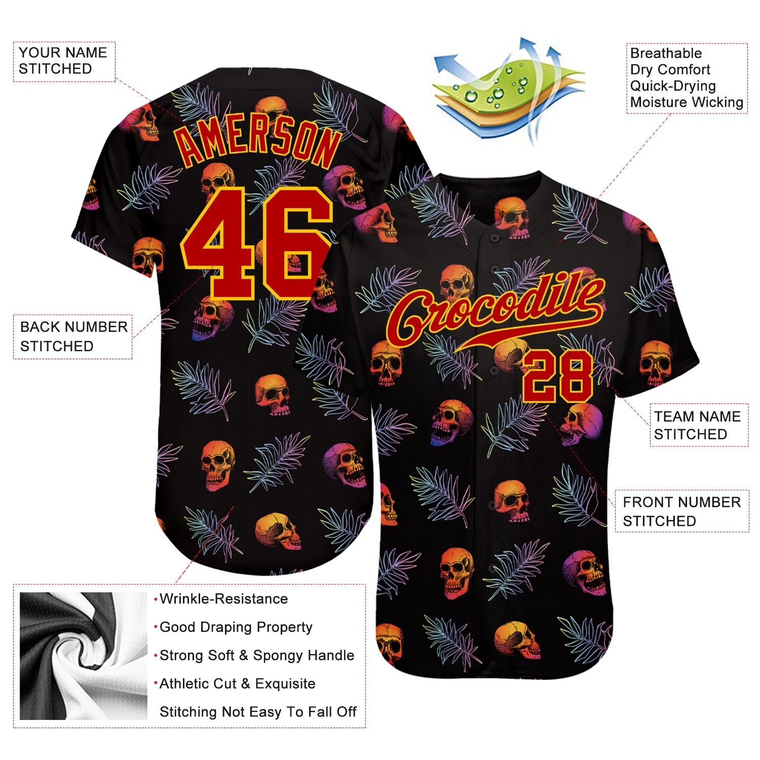 Custom 3D Pattern Halloween Skulls And Palm Leaves Authentic Baseball Jersey baseball jersey product view 3