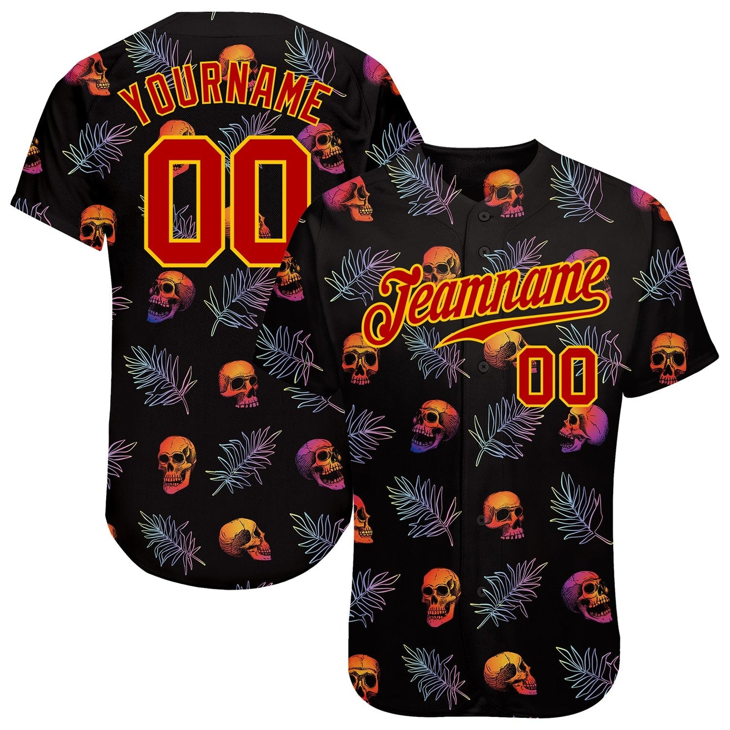 Custom 3D Pattern Halloween Skulls And Palm Leaves Authentic Baseball Jersey baseball jersey product view 1