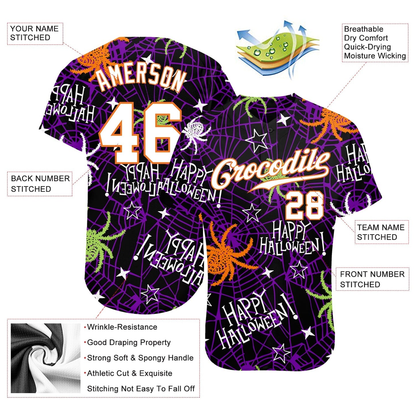Custom 3D Pattern Happy Halloween Spiders Authentic Baseball Jersey baseball jersey product view 3