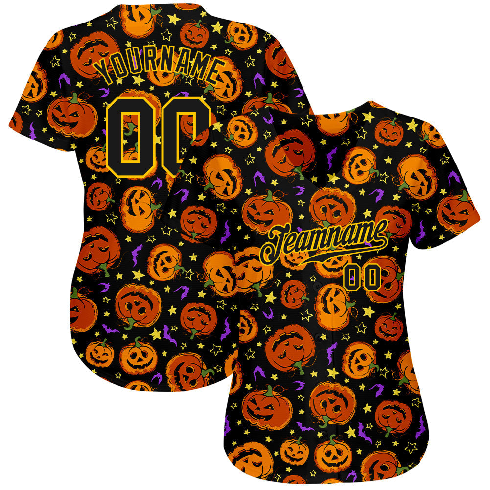 Custom 3D Pattern Halloween Pumpkins Bats Stars Authentic Baseball Jersey baseball jersey product view 3