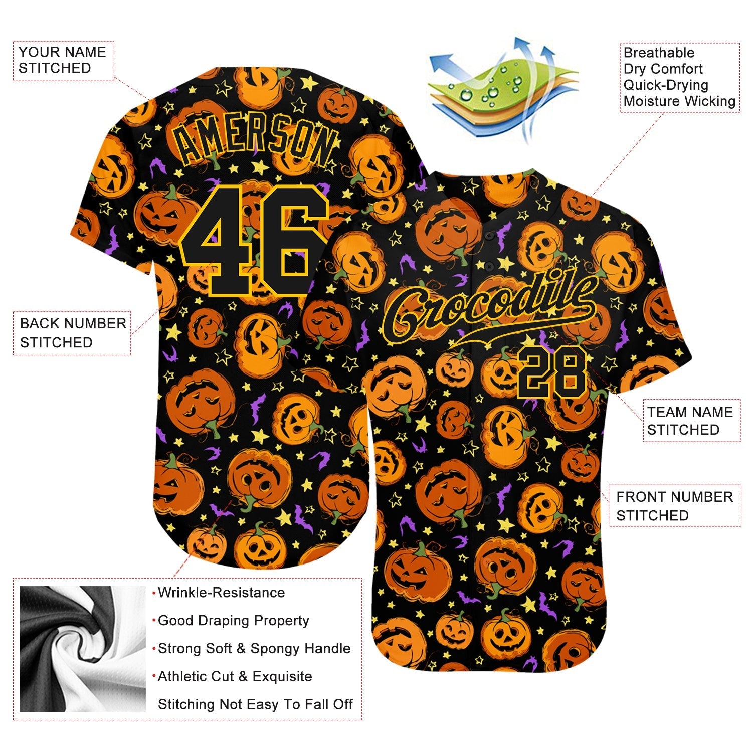 Custom 3D Pattern Halloween Pumpkins Bats Stars Authentic Baseball Jersey baseball jersey product view 4
