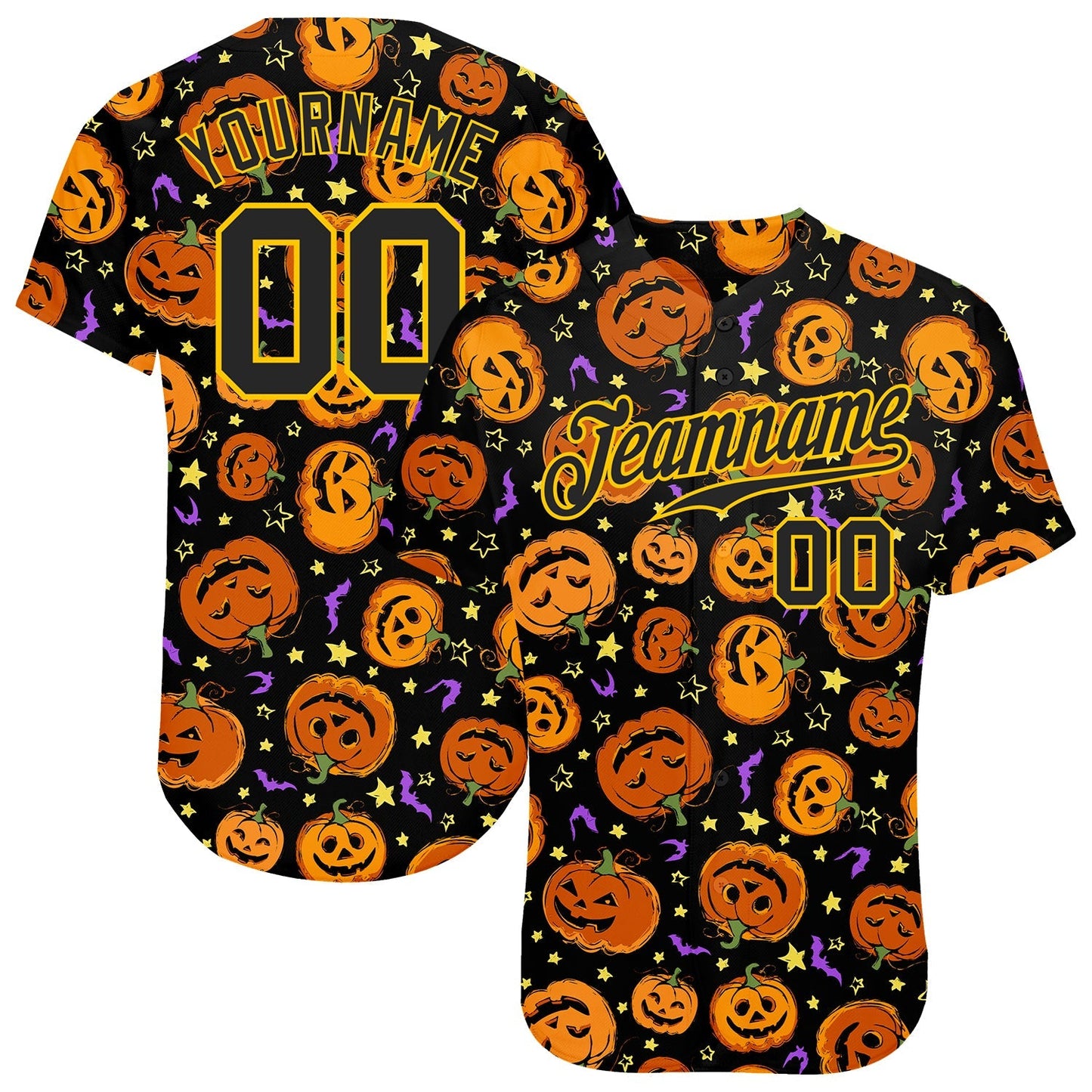 Custom 3D Pattern Halloween Pumpkins Bats Stars Authentic Baseball Jersey baseball jersey product view 1