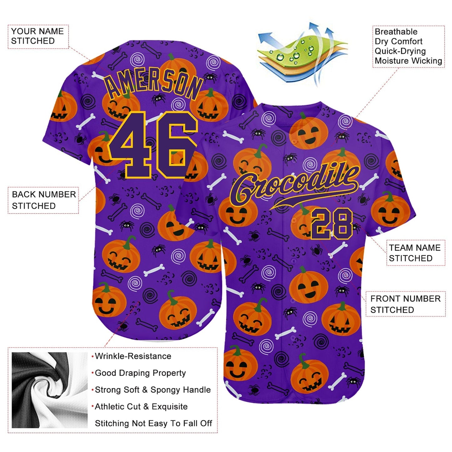Custom 3D Pattern Halloween Pumpkins Authentic Baseball Jersey baseball jersey product view 3