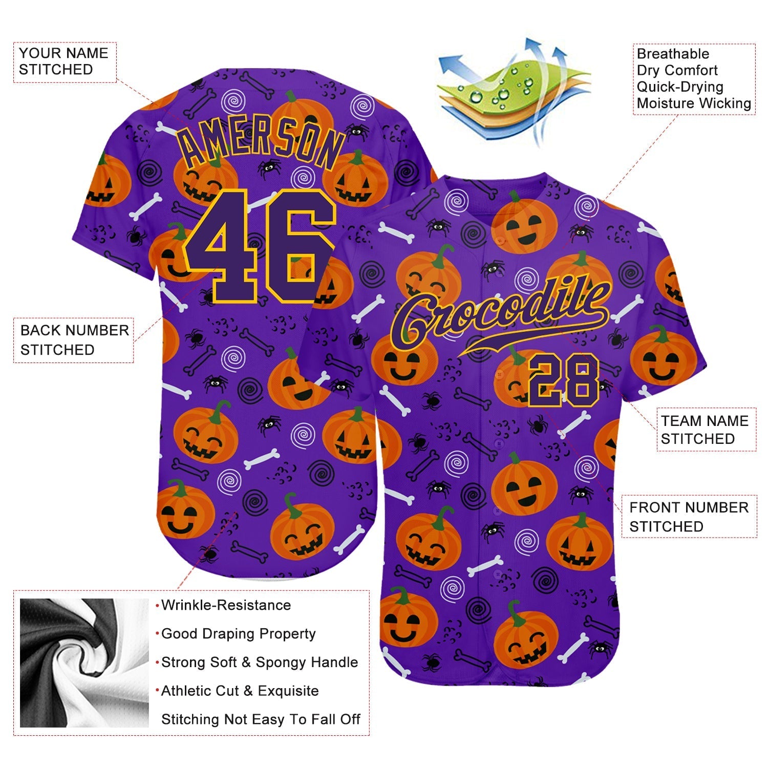 Custom 3D Pattern Halloween Pumpkins Authentic Baseball Jersey baseball jersey product view 3