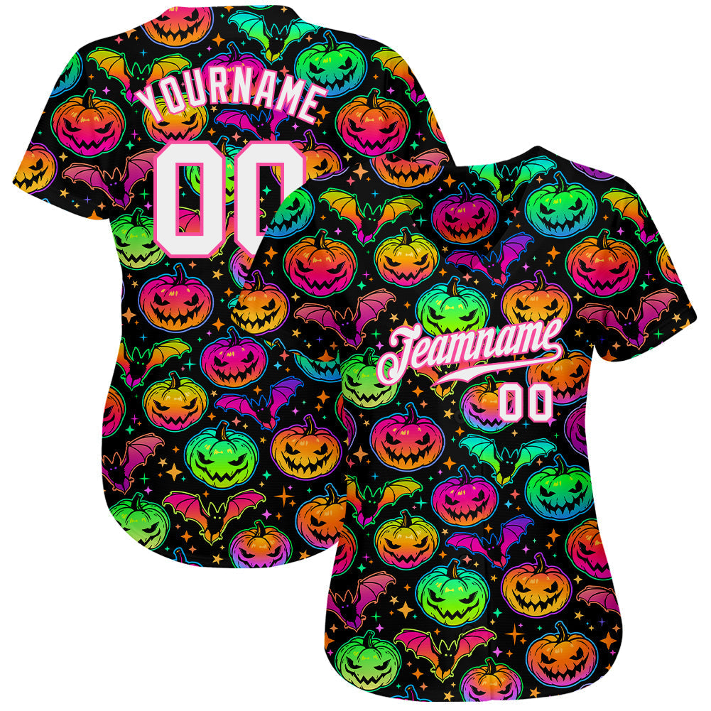 Custom 3D Pattern Bright Multicolored Halloween Pumpkins And Bats Authentic Baseball Jersey baseball jersey product view 2