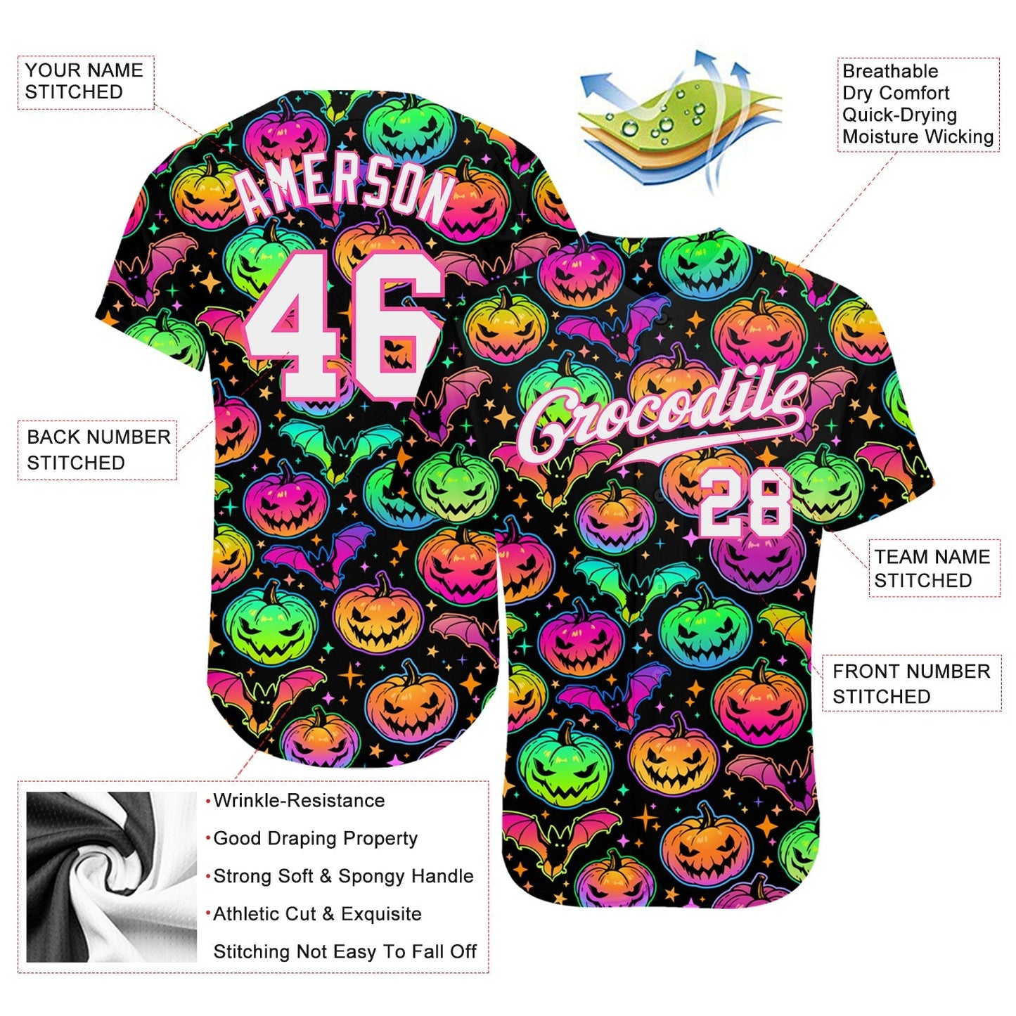Custom 3D Pattern Bright Multicolored Halloween Pumpkins And Bats Authentic Baseball Jersey baseball jersey product view 3