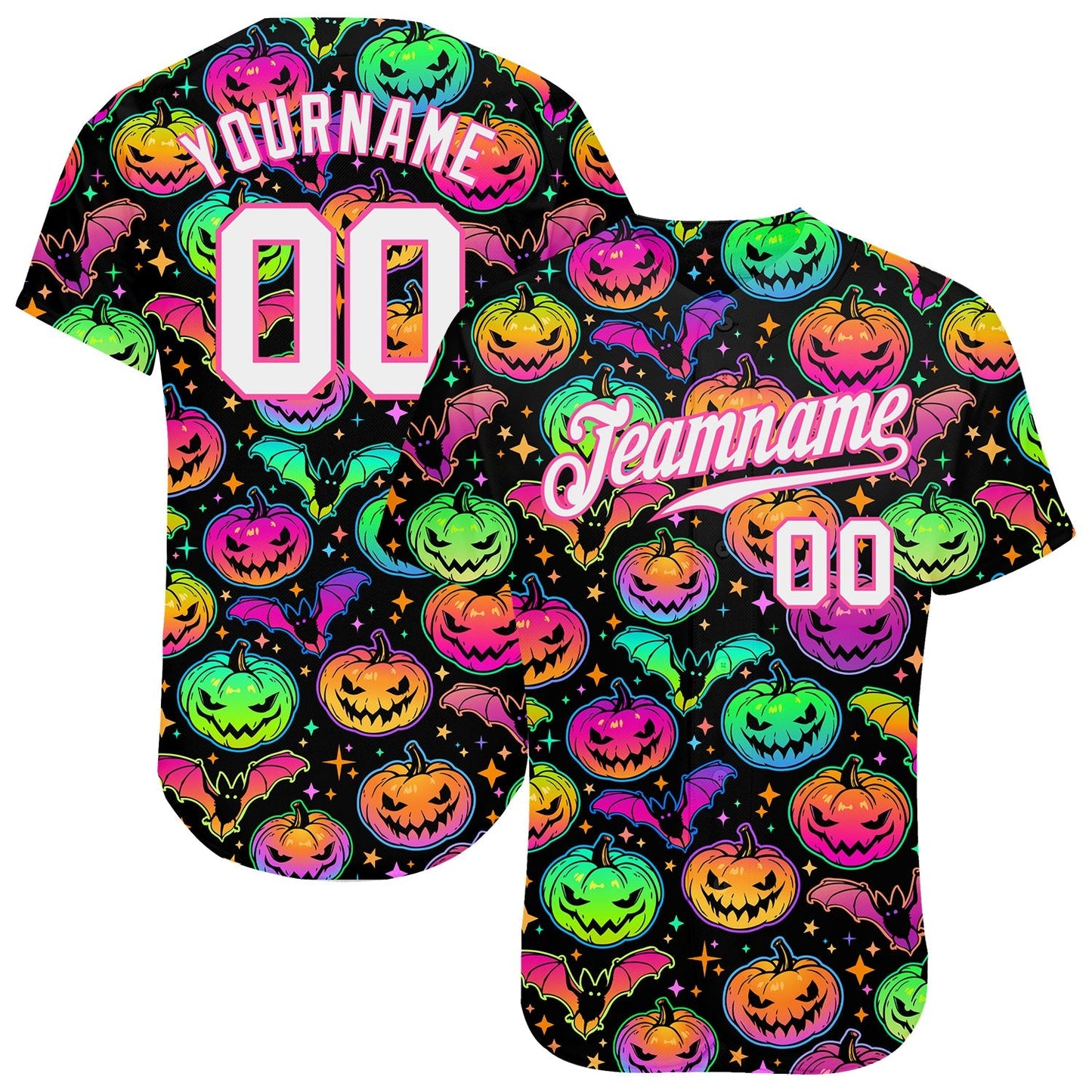 Custom 3D Pattern Bright Multicolored Halloween Pumpkins And Bats Authentic Baseball Jersey baseball jersey product view 1