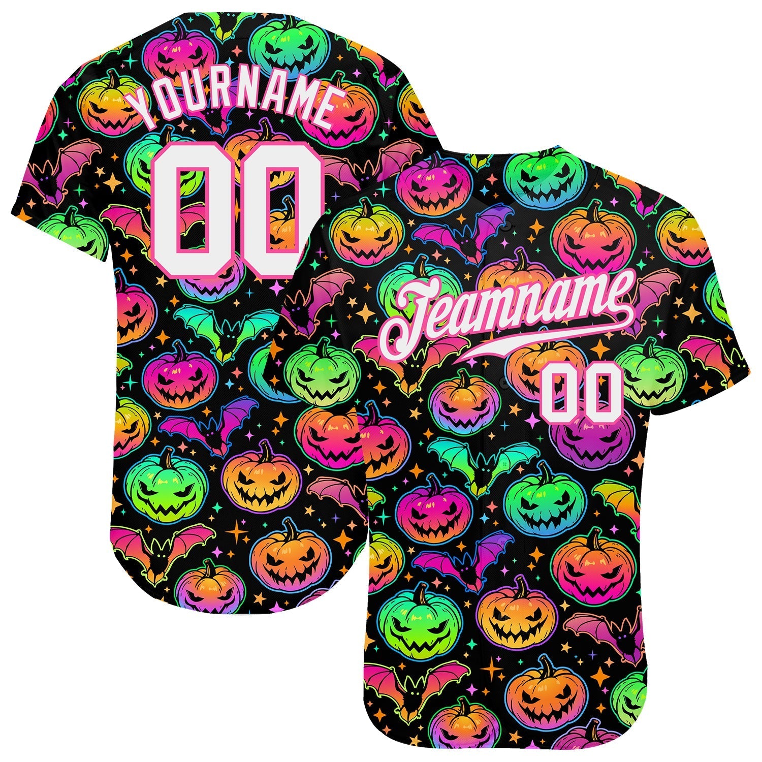 Custom 3D Pattern Bright Multicolored Halloween Pumpkins And Bats Authentic Baseball Jersey baseball jersey product view 1