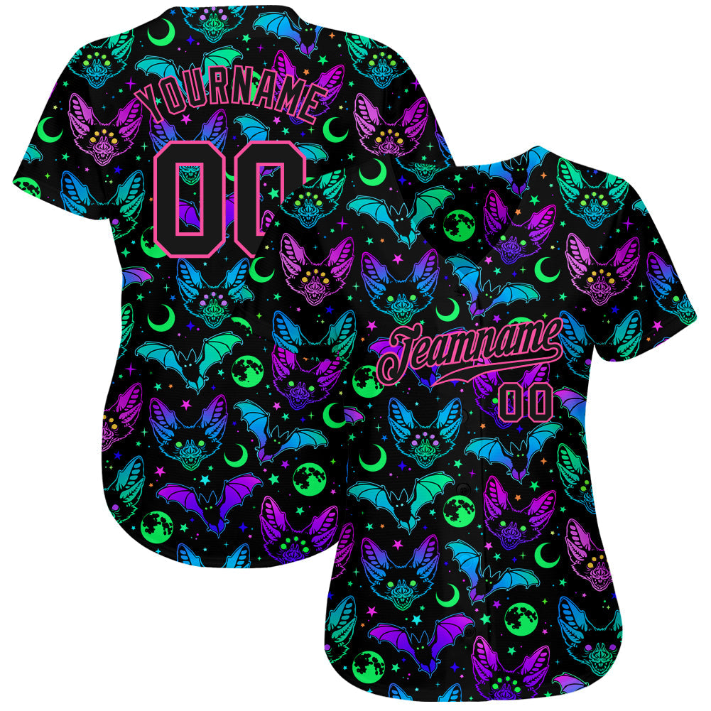 Custom 3D Pattern Bright Multicolored Halloween Bats Authentic Baseball Jersey baseball jersey product view 2