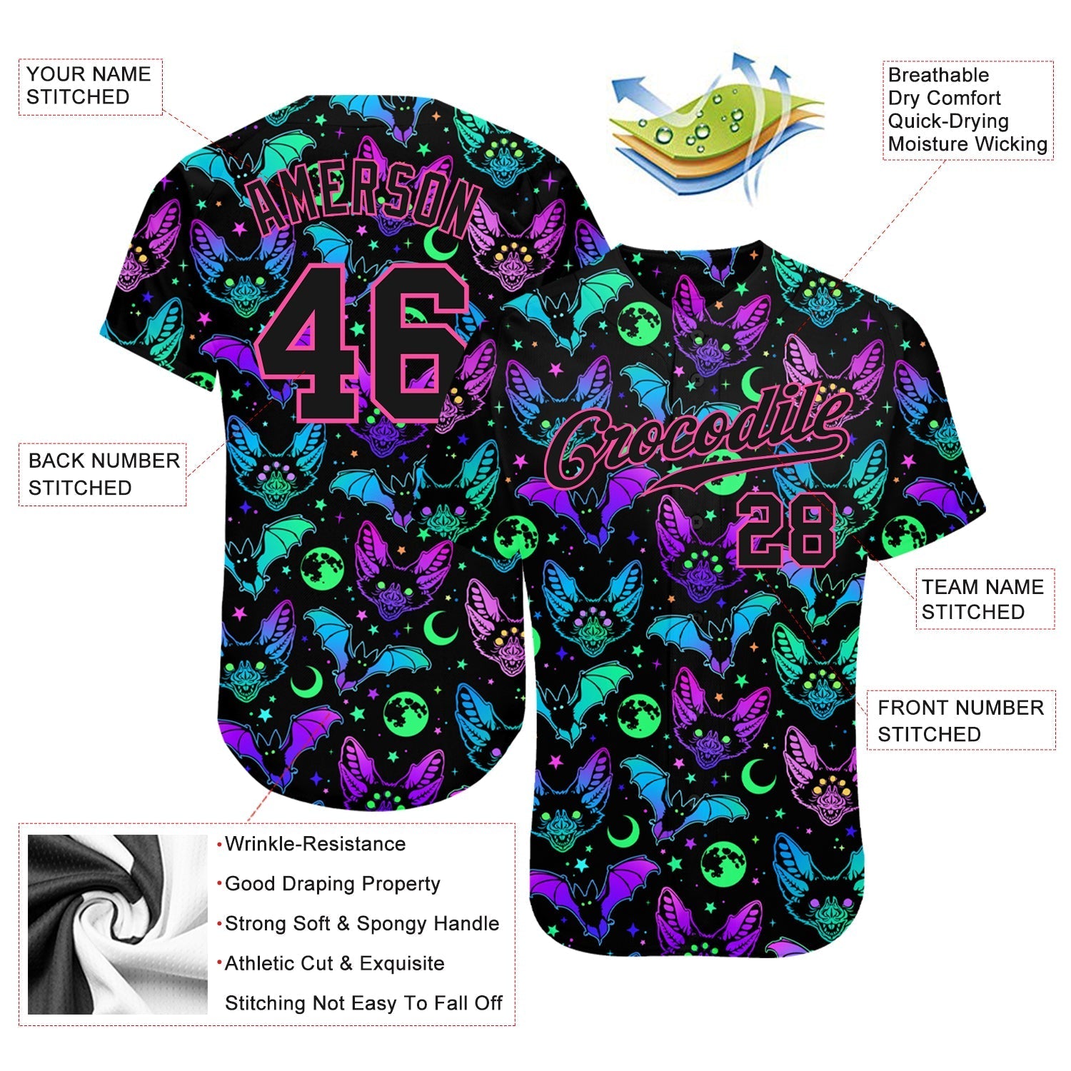 Custom 3D Pattern Bright Multicolored Halloween Bats Authentic Baseball Jersey baseball jersey product view 3