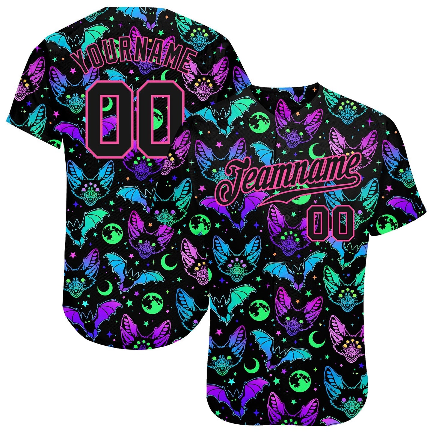 Custom 3D Pattern Bright Multicolored Halloween Bats Authentic Baseball Jersey baseball jersey product view 1