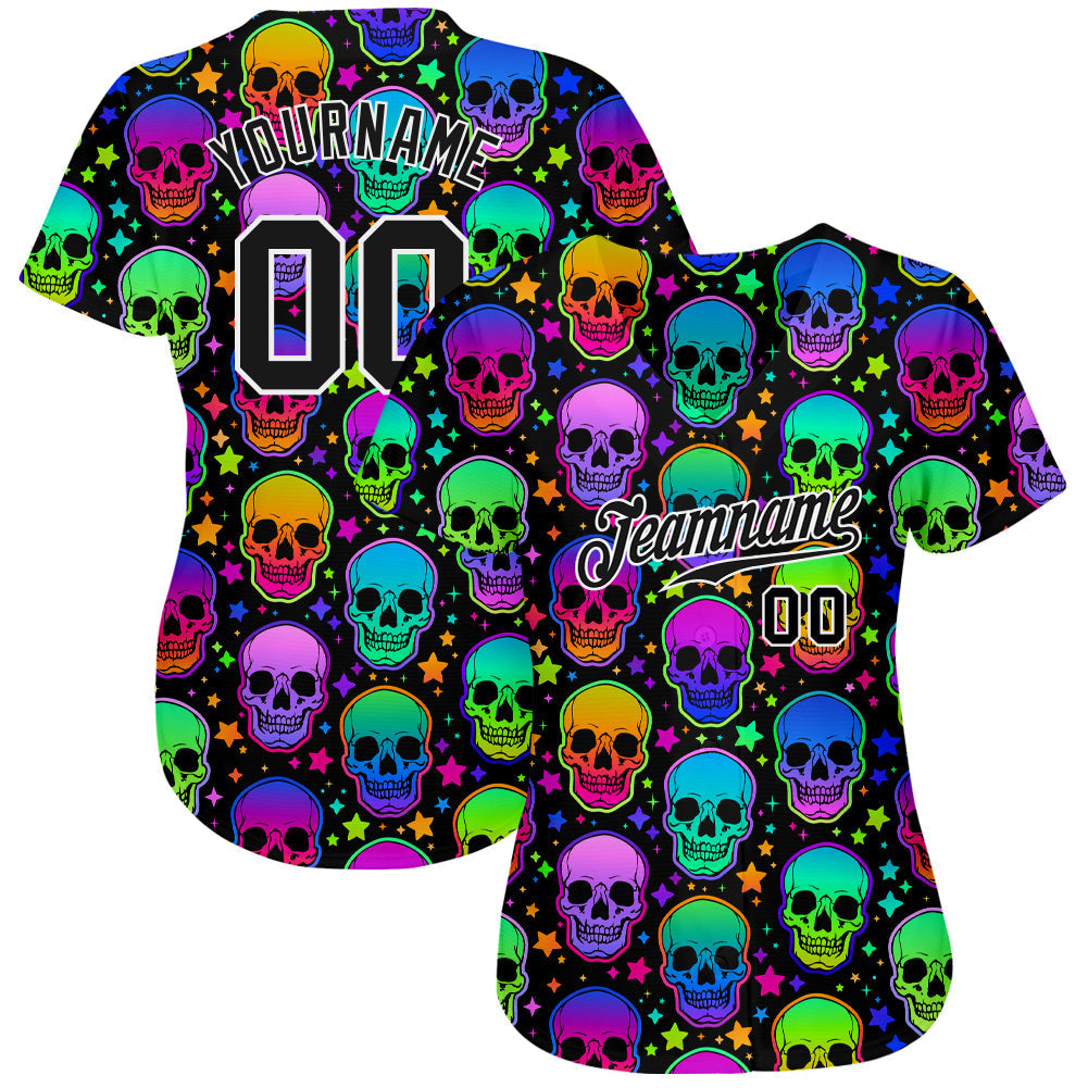 Custom 3D Pattern Bright Multicolored Halloween Skulls Authentic Baseball Jersey baseball jersey product view 2