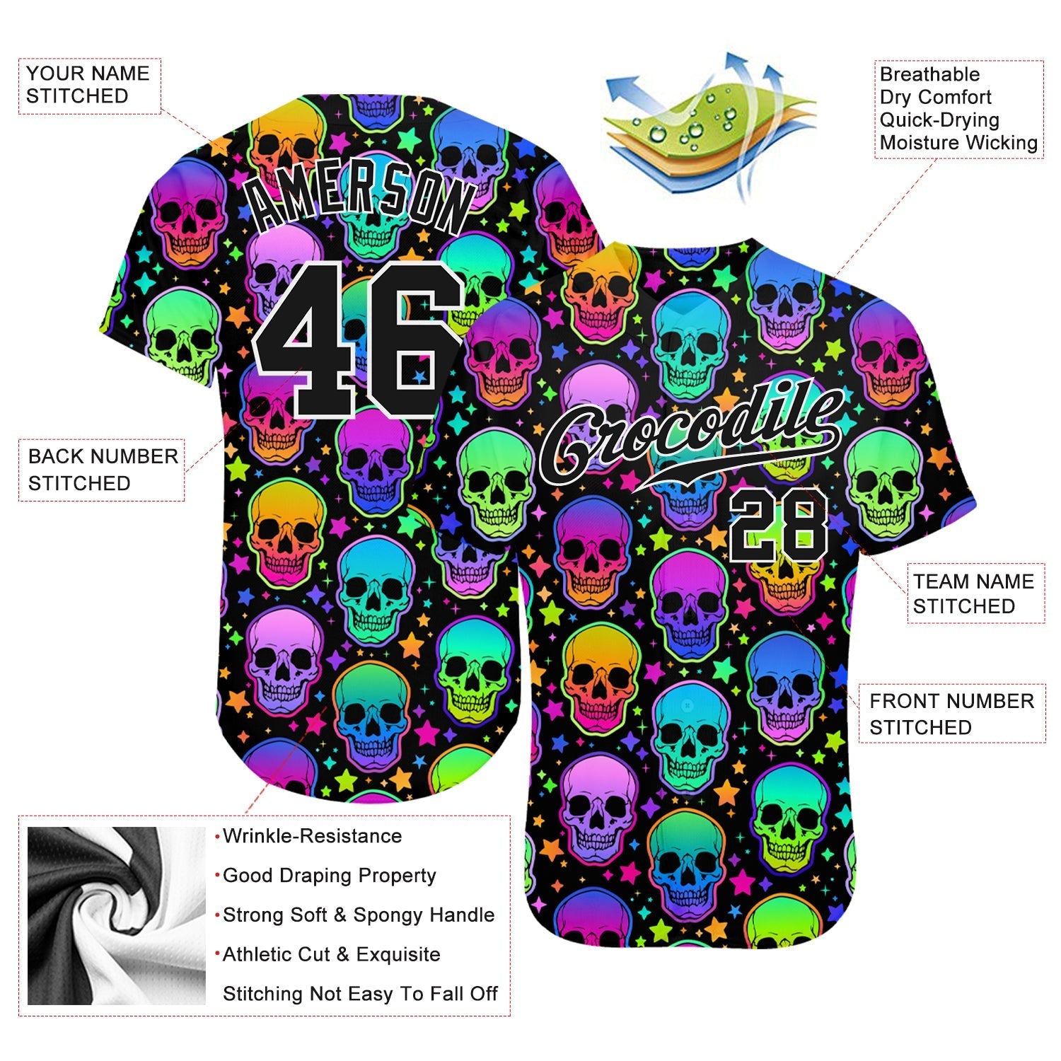 Custom 3D Pattern Bright Multicolored Halloween Skulls Authentic Baseball Jersey baseball jersey product view 3