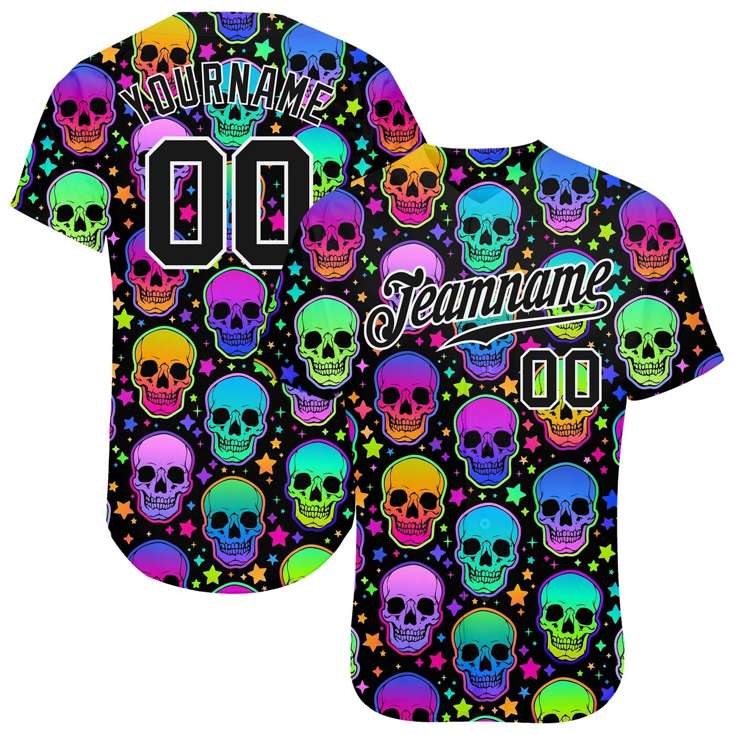 Custom 3D Pattern Bright Multicolored Halloween Skulls Authentic Baseball Jersey baseball jersey product view 1