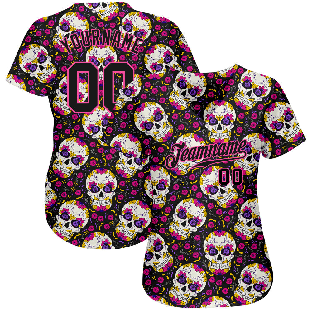 Custom 3D Pattern Halloween Skulls With Floral Authentic Baseball Jersey baseball jersey product view 2