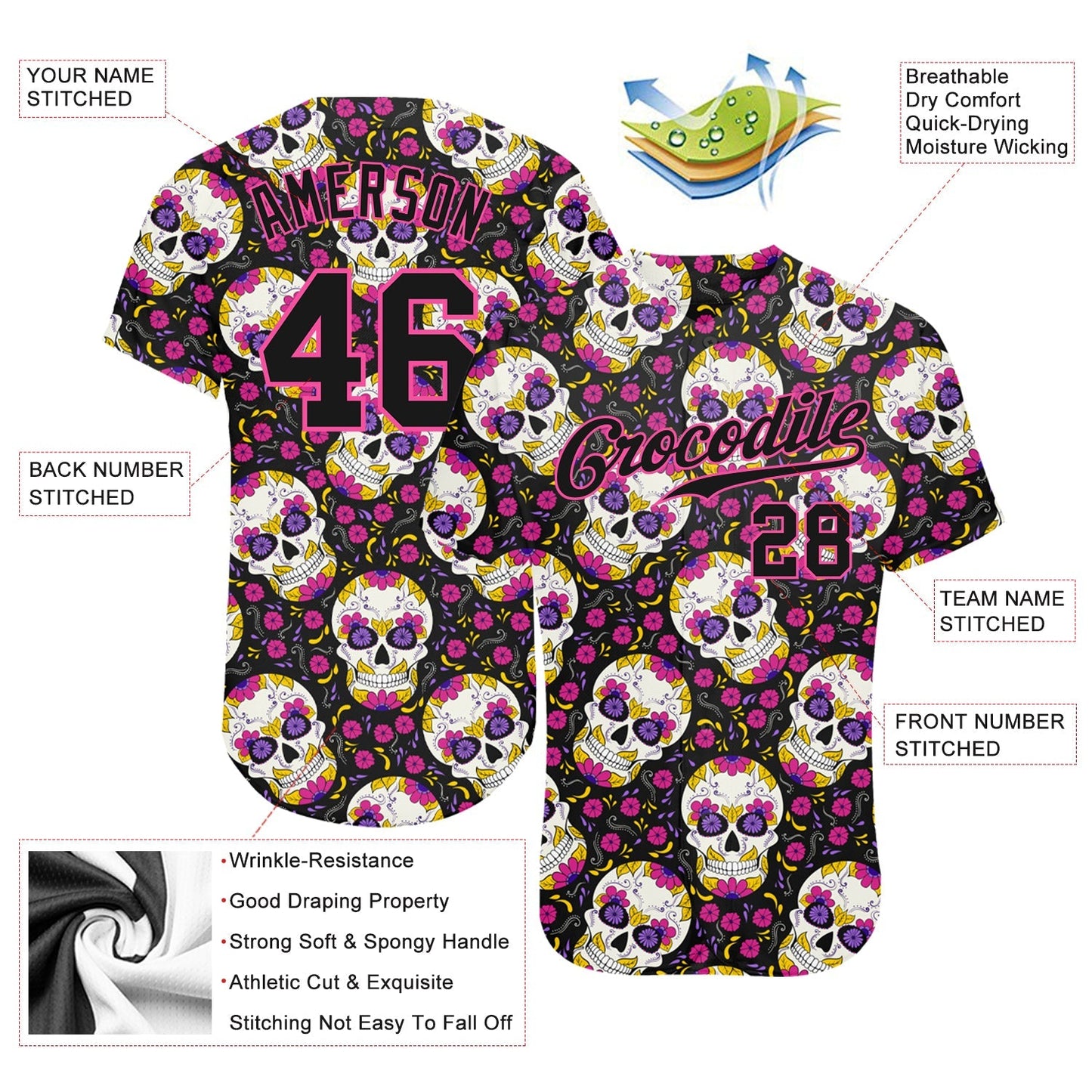 Custom 3D Pattern Halloween Skulls With Floral Authentic Baseball Jersey baseball jersey product view 3