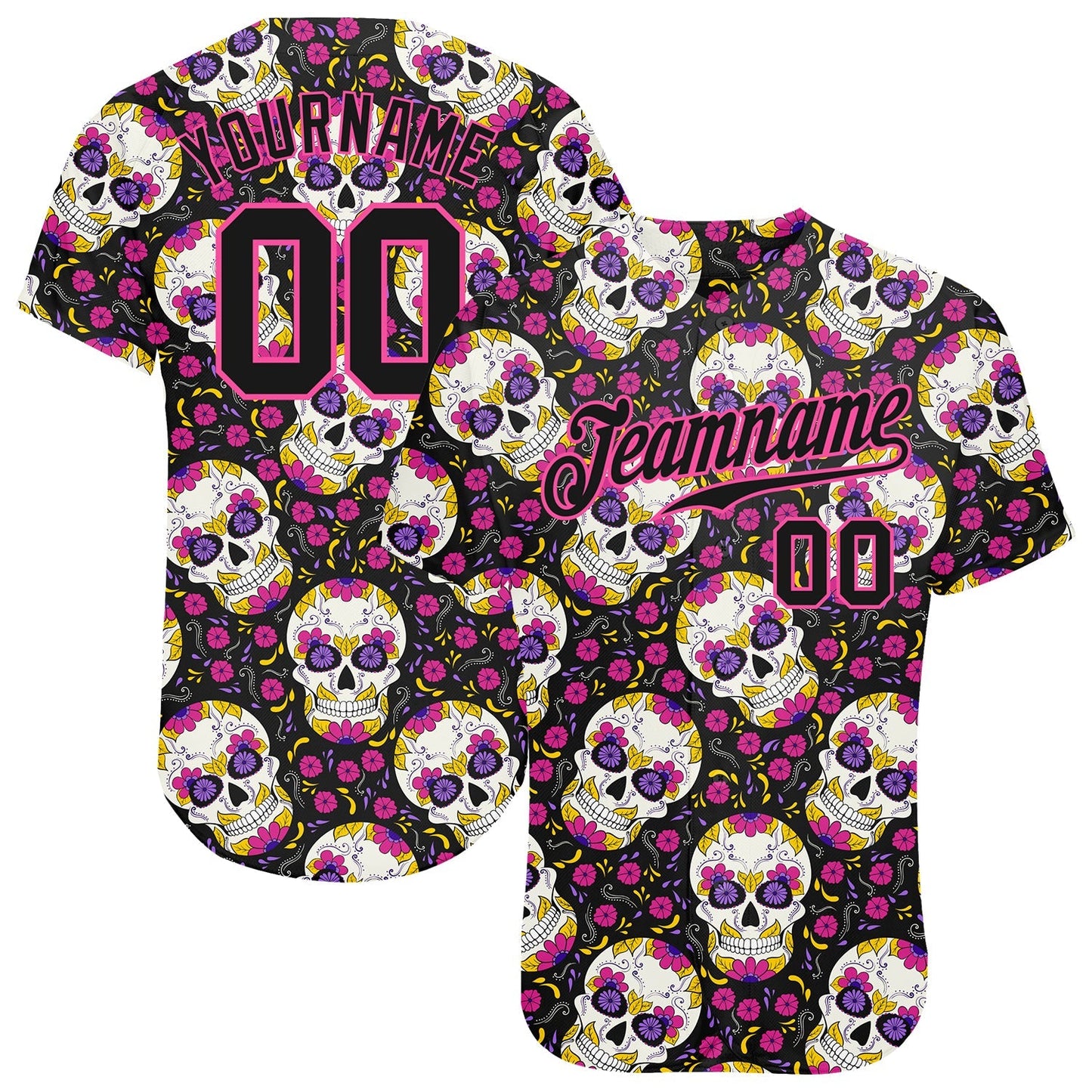 Custom 3D Pattern Halloween Skulls With Floral Authentic Baseball Jersey baseball jersey product view 1
