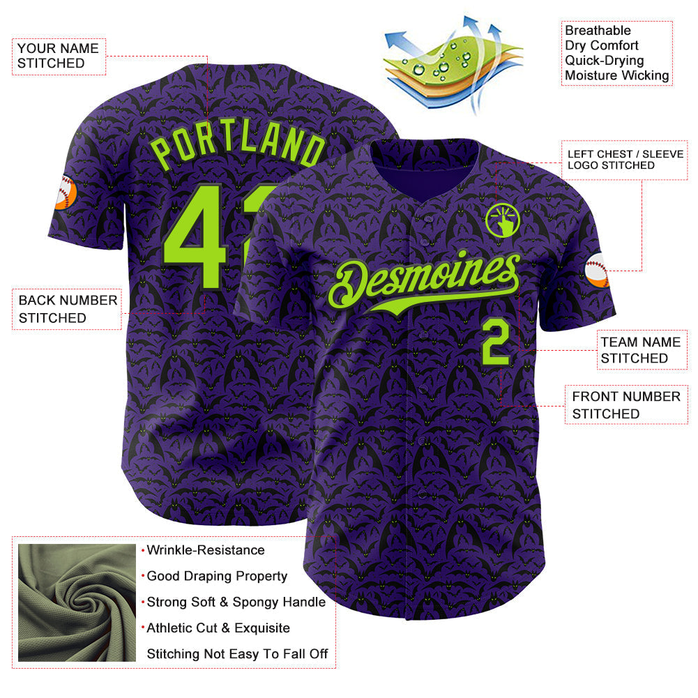 Custom Purple Neon Green-Black 3D Halloween Bat Party Costume Ideas Authentic Baseball Jersey baseball jersey product view 3