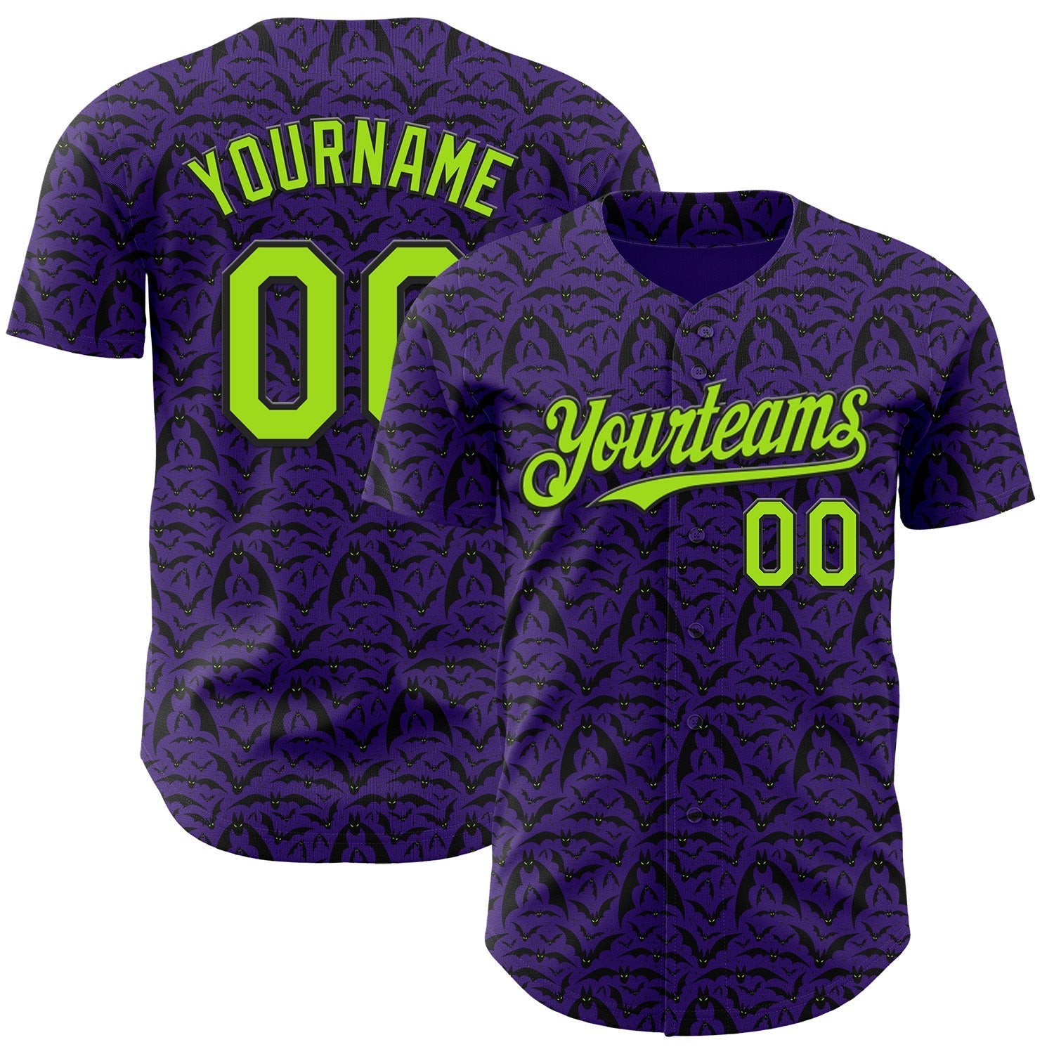 Custom Purple Neon Green-Black 3D Halloween Bat Party Costume Ideas Authentic Baseball Jersey baseball jersey product view 1