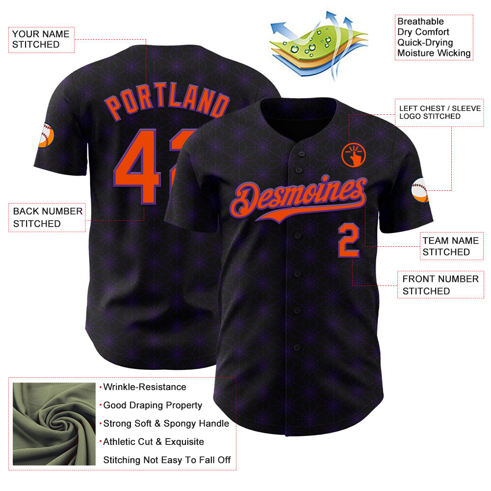 Custom Black Orange-Purple 3D Halloween Spider Net Party Costume Ideas Authentic Baseball Jersey baseball jersey product view 3