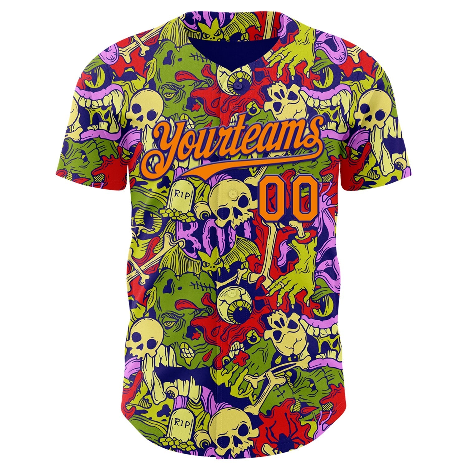 Custom Dark Purple Bay Orange 3D Halloween Skull Doodle Party Costume Ideas Authentic Baseball Jersey baseball jersey product view 2