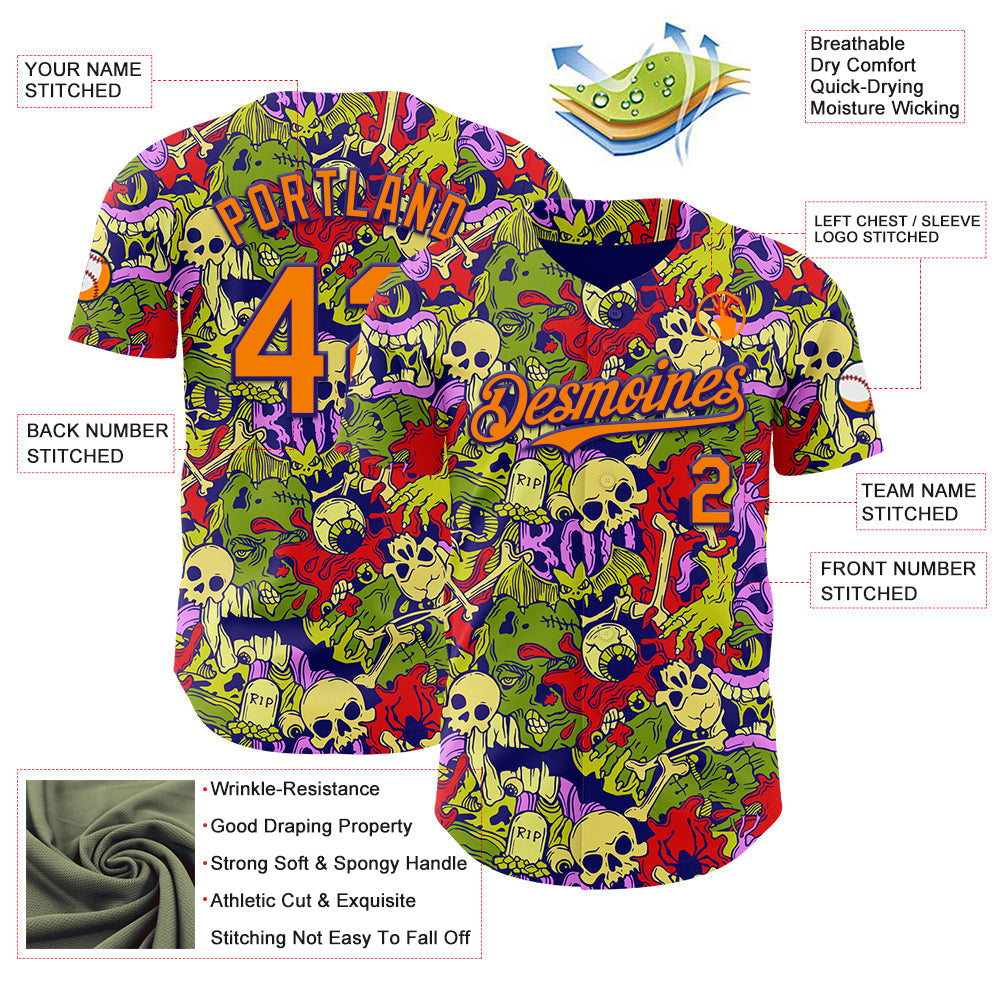Custom Dark Purple Bay Orange 3D Halloween Skull Doodle Party Costume Ideas Authentic Baseball Jersey baseball jersey product view 3