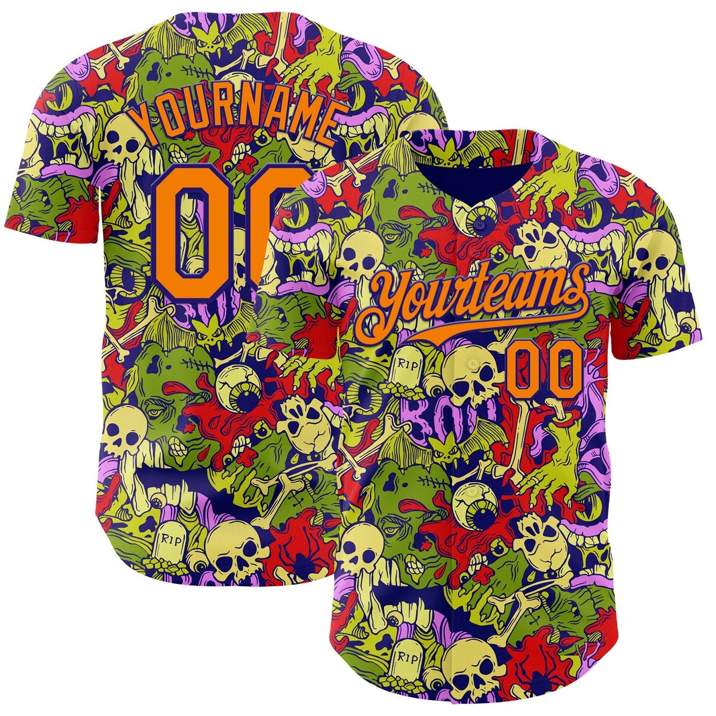 Custom Dark Purple Bay Orange 3D Halloween Skull Doodle Party Costume Ideas Authentic Baseball Jersey baseball jersey product view 1