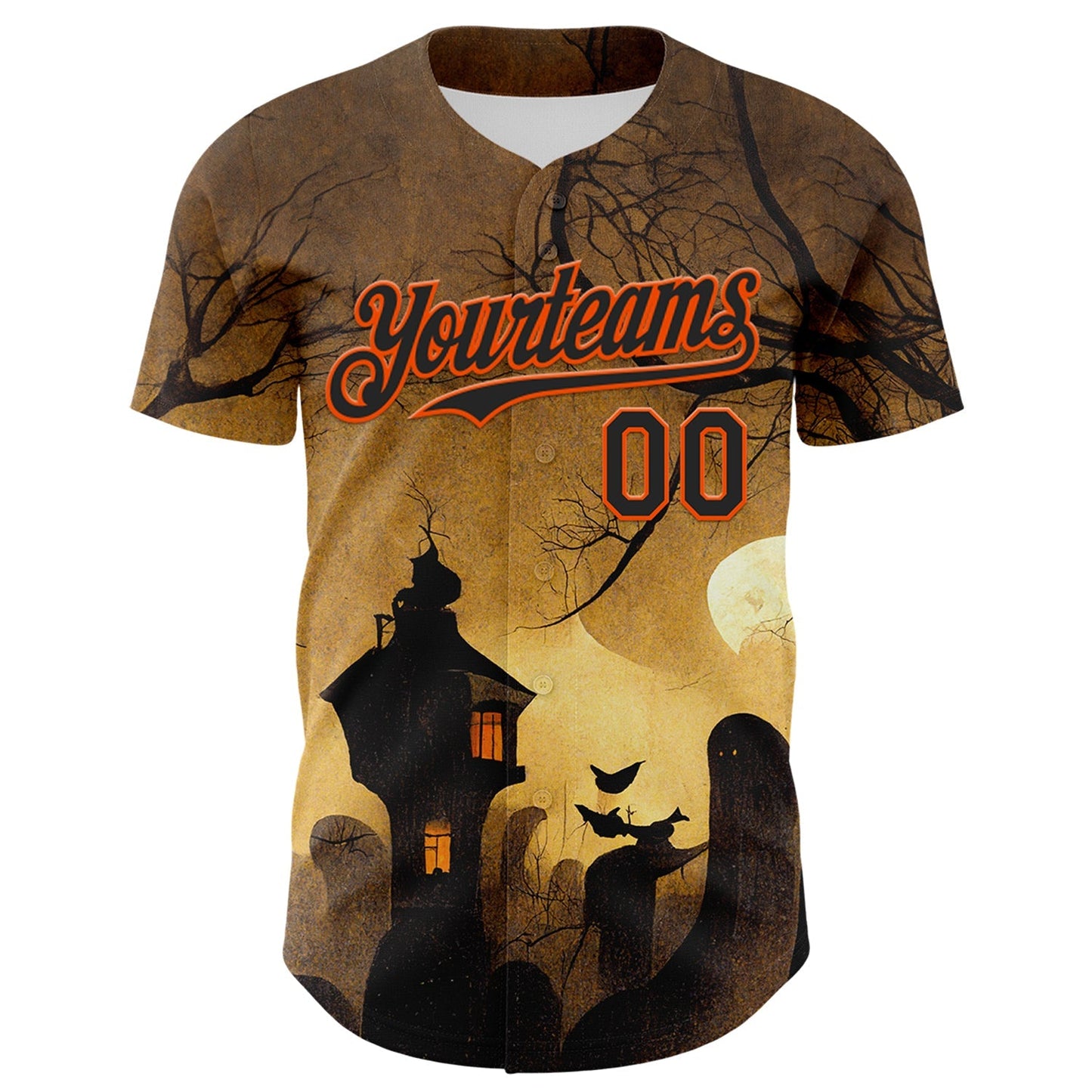 Custom Yellow Black-Orange 3D Halloween Horror Night Trick Treat Party Costume Ideas Authentic Baseball Jersey baseball jersey product view 2