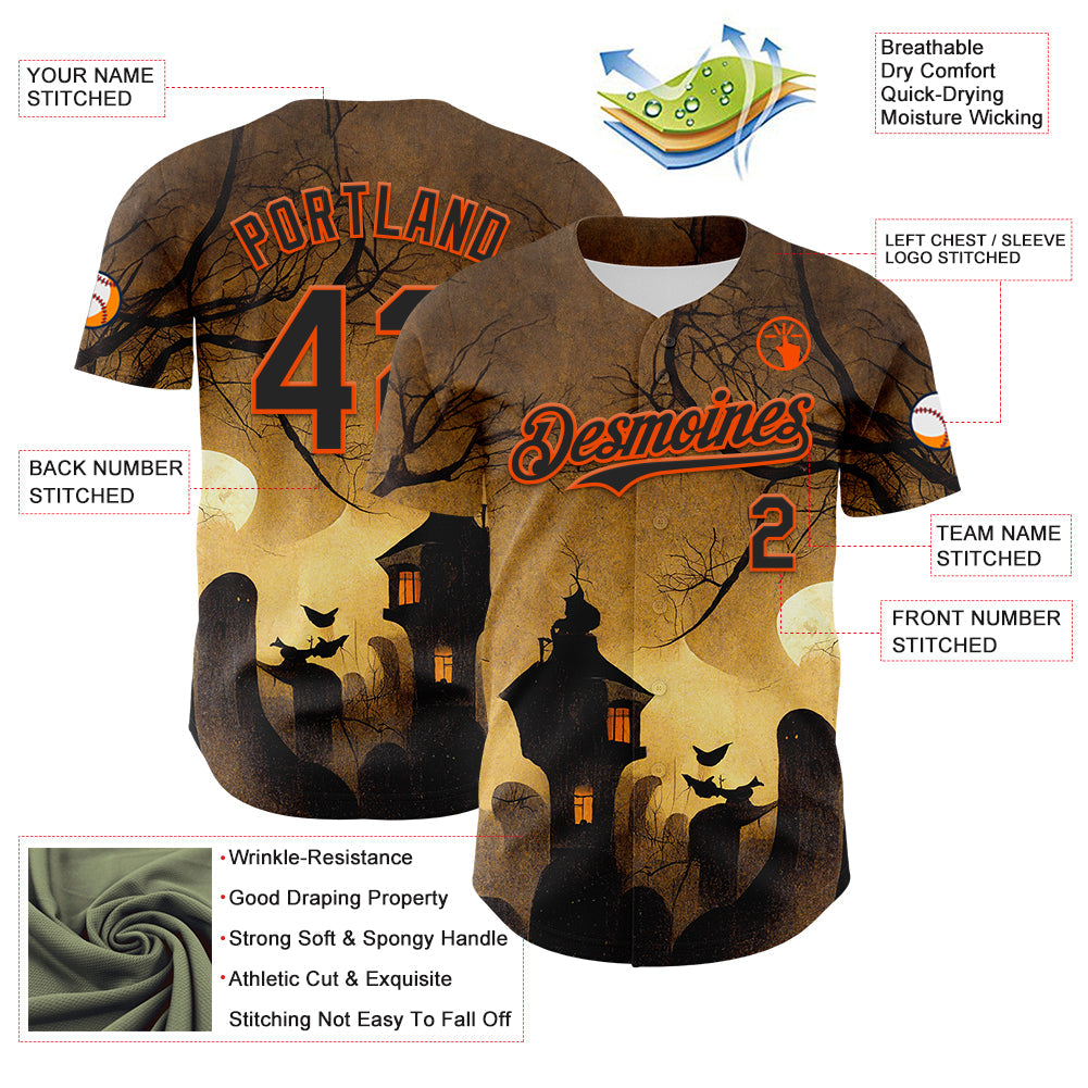 Custom Yellow Black-Orange 3D Halloween Horror Night Trick Treat Party Costume Ideas Authentic Baseball Jersey baseball jersey product view 3