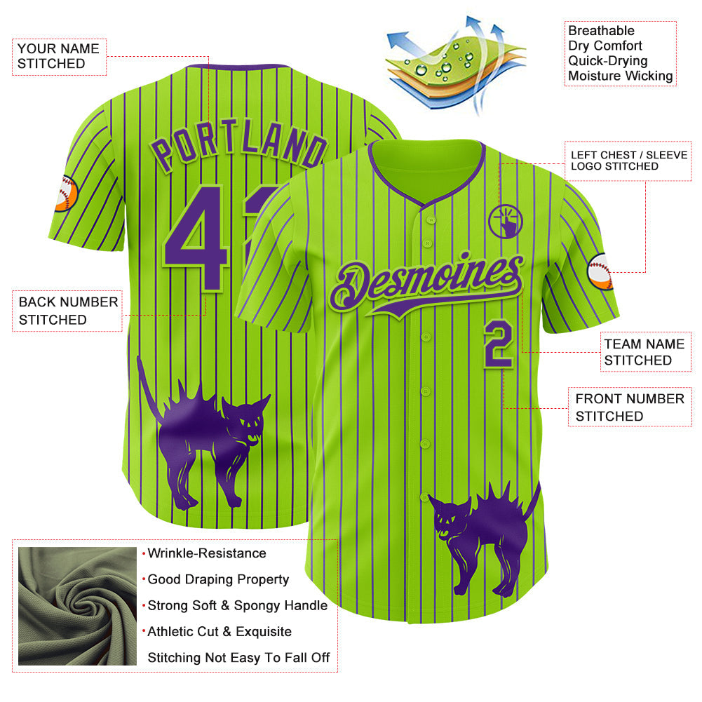 Custom Neon Green Purple Pinstripe Purple 3D Halloween Scary Party Costume Ideas Authentic Baseball Jersey baseball jersey product view 3