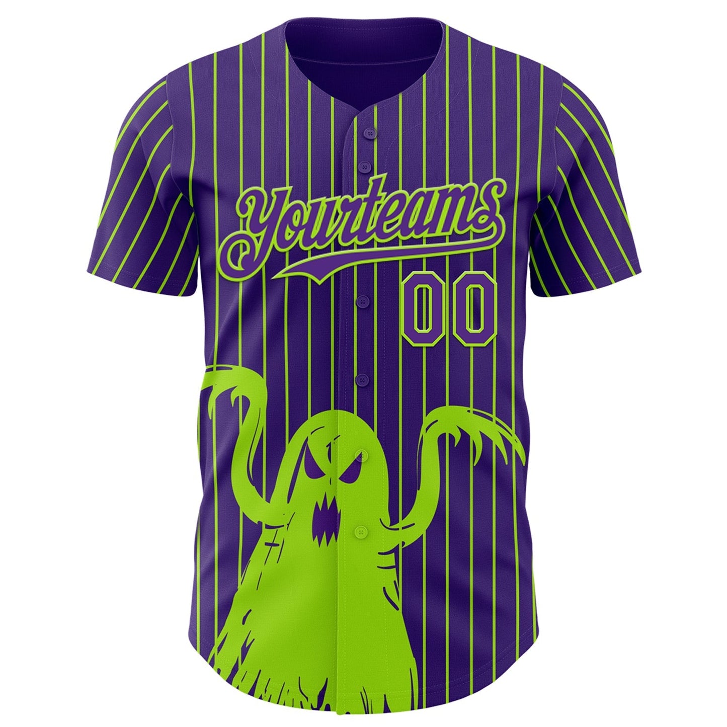 Custom Purple Neon Green Pinstripe Neon Green 3D Halloween Spooky Party Costume Ideas Authentic Baseball Jersey baseball jersey product view 2
