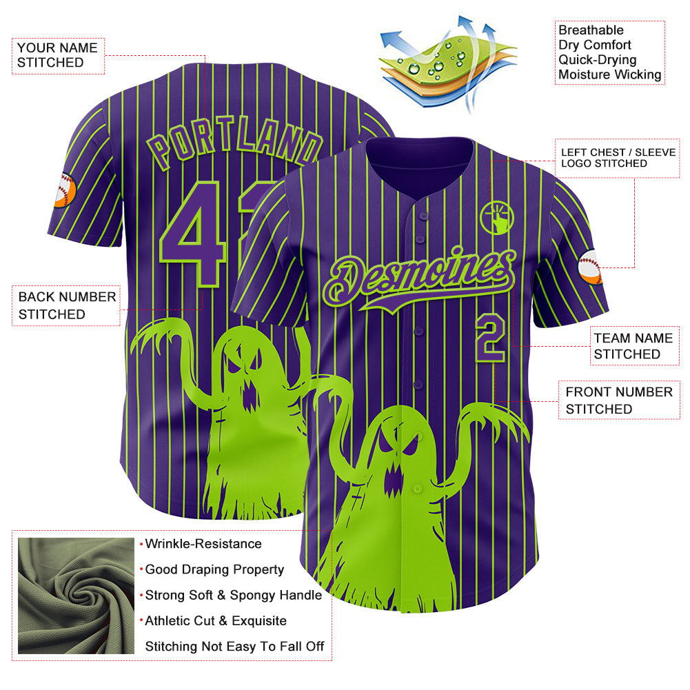 Custom Purple Neon Green Pinstripe Neon Green 3D Halloween Spooky Party Costume Ideas Authentic Baseball Jersey baseball jersey product view 3