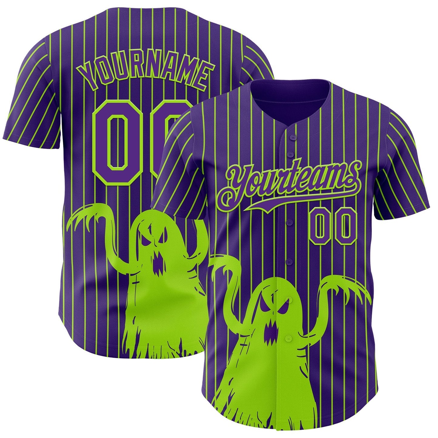 Custom Purple Neon Green Pinstripe Neon Green 3D Halloween Spooky Party Costume Ideas Authentic Baseball Jersey baseball jersey product view 1