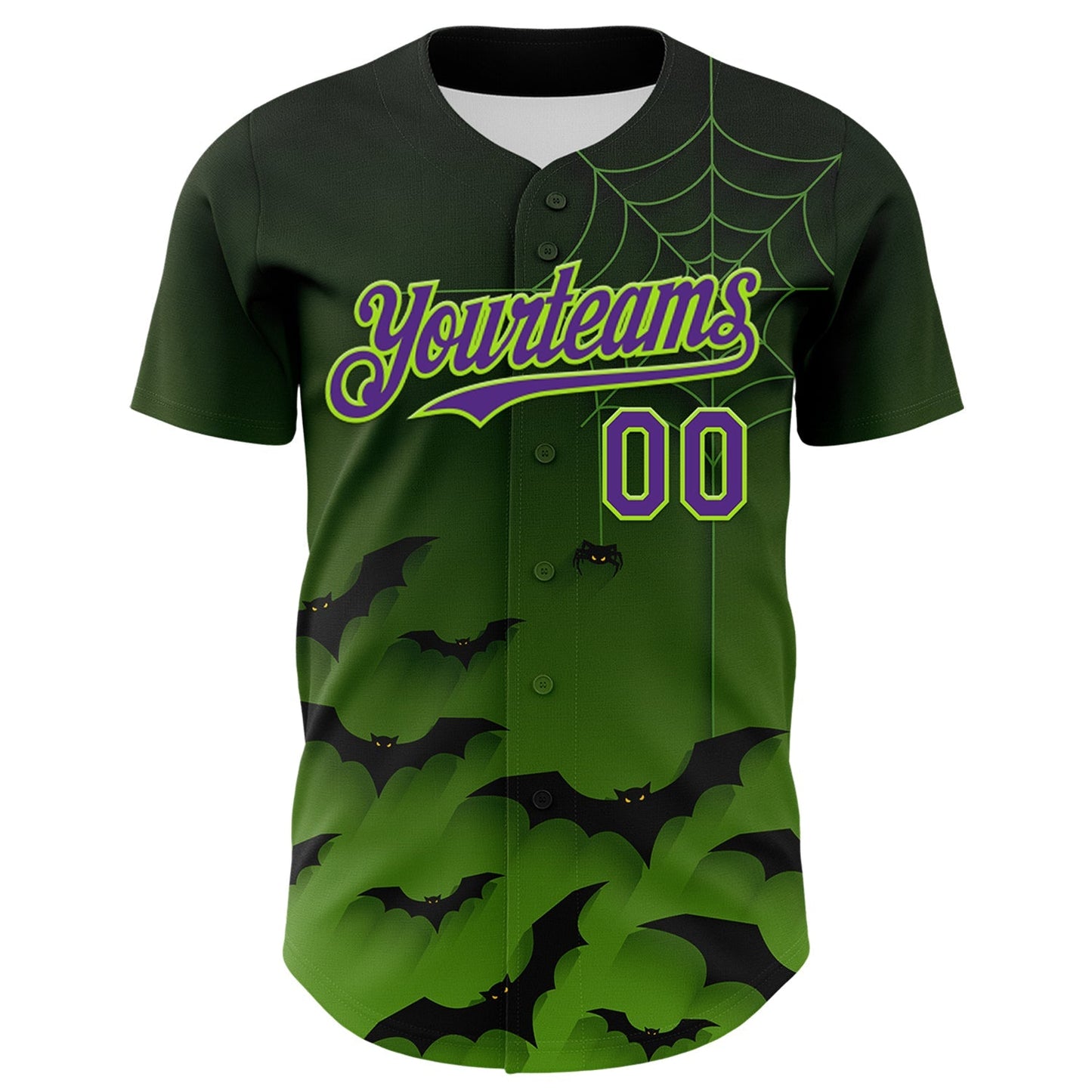 Custom Green Purple Black-Neon Green 3D Halloween Spider Net Bats Party Costume Ideas Authentic Baseball Jersey baseball jersey product view 2