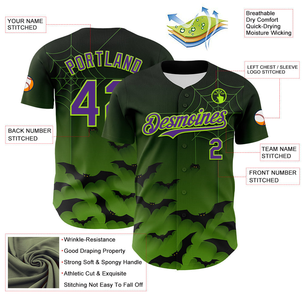 Custom Green Purple Black-Neon Green 3D Halloween Spider Net Bats Party Costume Ideas Authentic Baseball Jersey baseball jersey product view 3